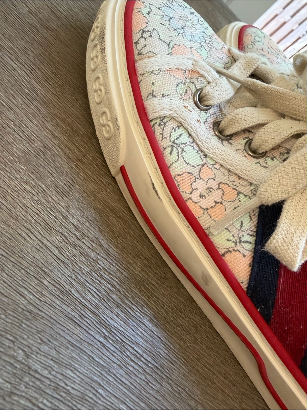 Gucci Floral Canvas Sneakers in Pink, Green and Red-Blue Stripe - Picture 5 of 8